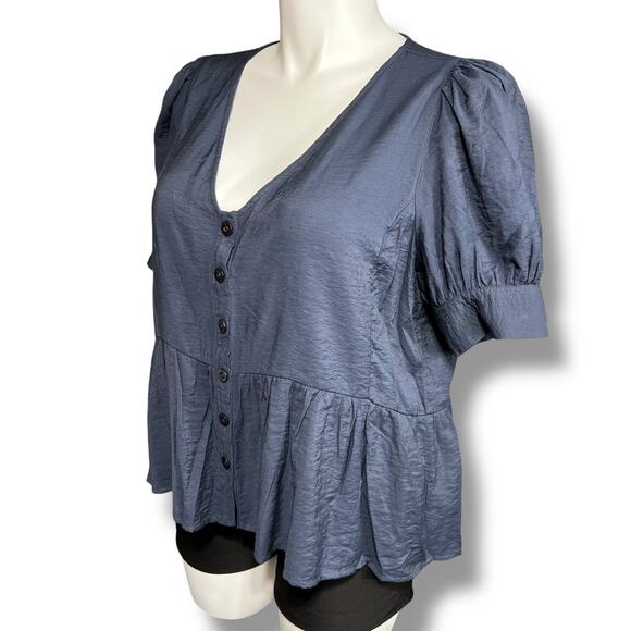 Madewell Womens Peplum Top V Neck Button Down Puffed Short Sleeves Navy Blue XXL - Picture 5 of 8